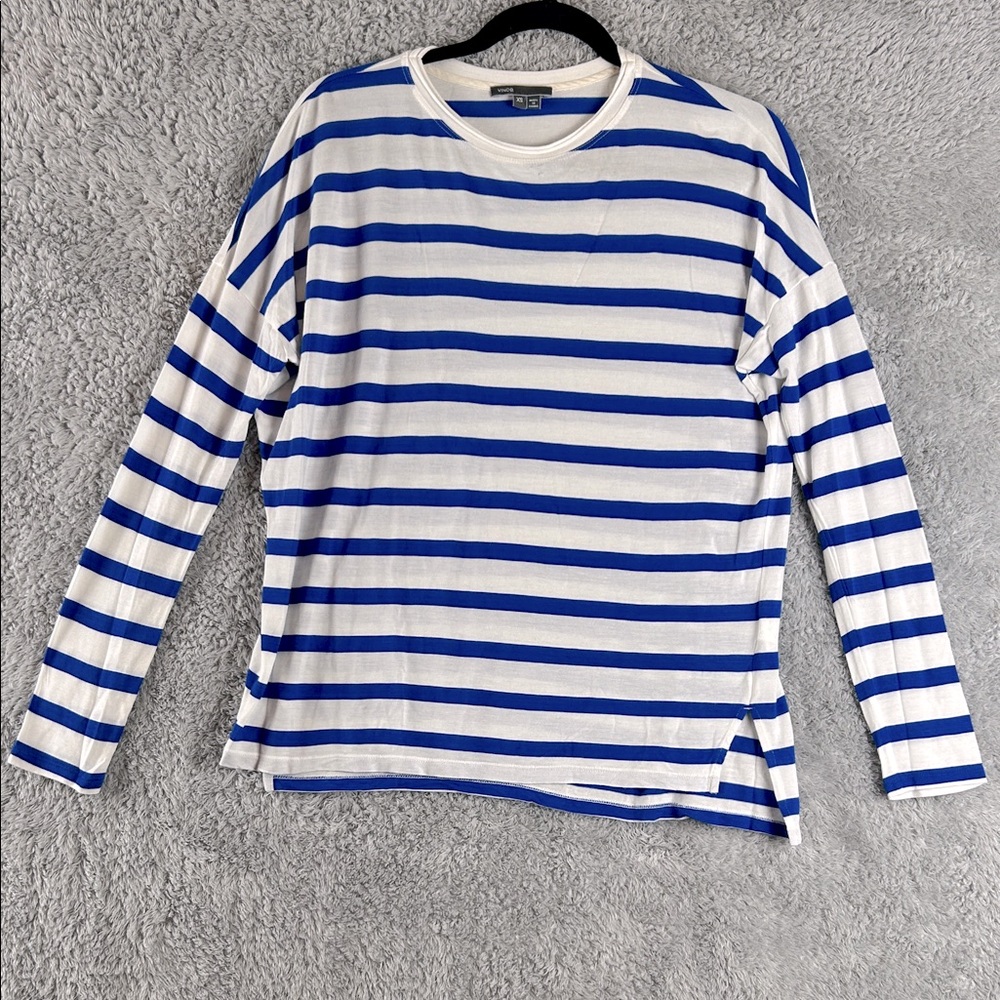 Vince Striped Long Sleeve White Blue Crew Neck Oversized Top Women’s Size XS